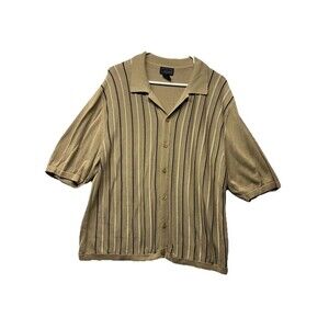 VTG Cezani Short Sleeve XL Silk Cotton Button Up Striped Sweater Y2k Mens Brown